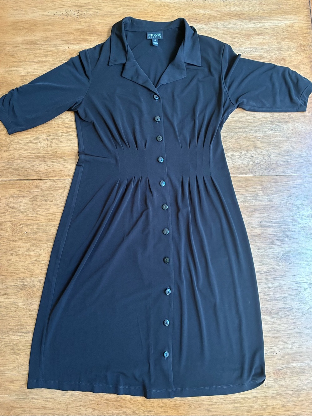 Black Button-Front Collared Midi Dress